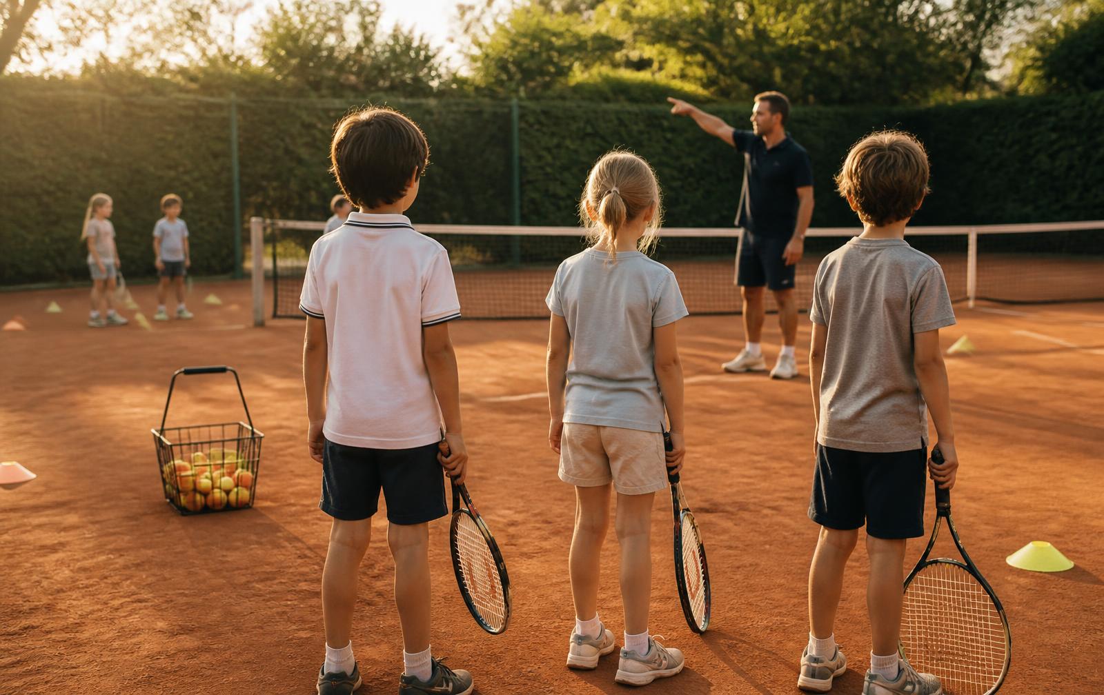 Séance de l'école de tennis avec panier de balles et jeunes joueurs