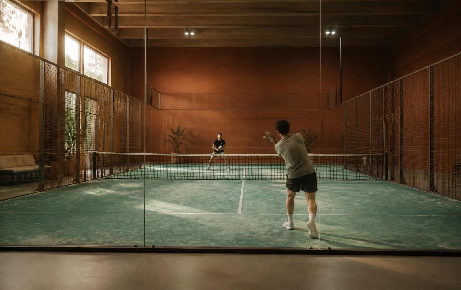 Joueurs de padel en action derrière le vitrage d'une piste indoor