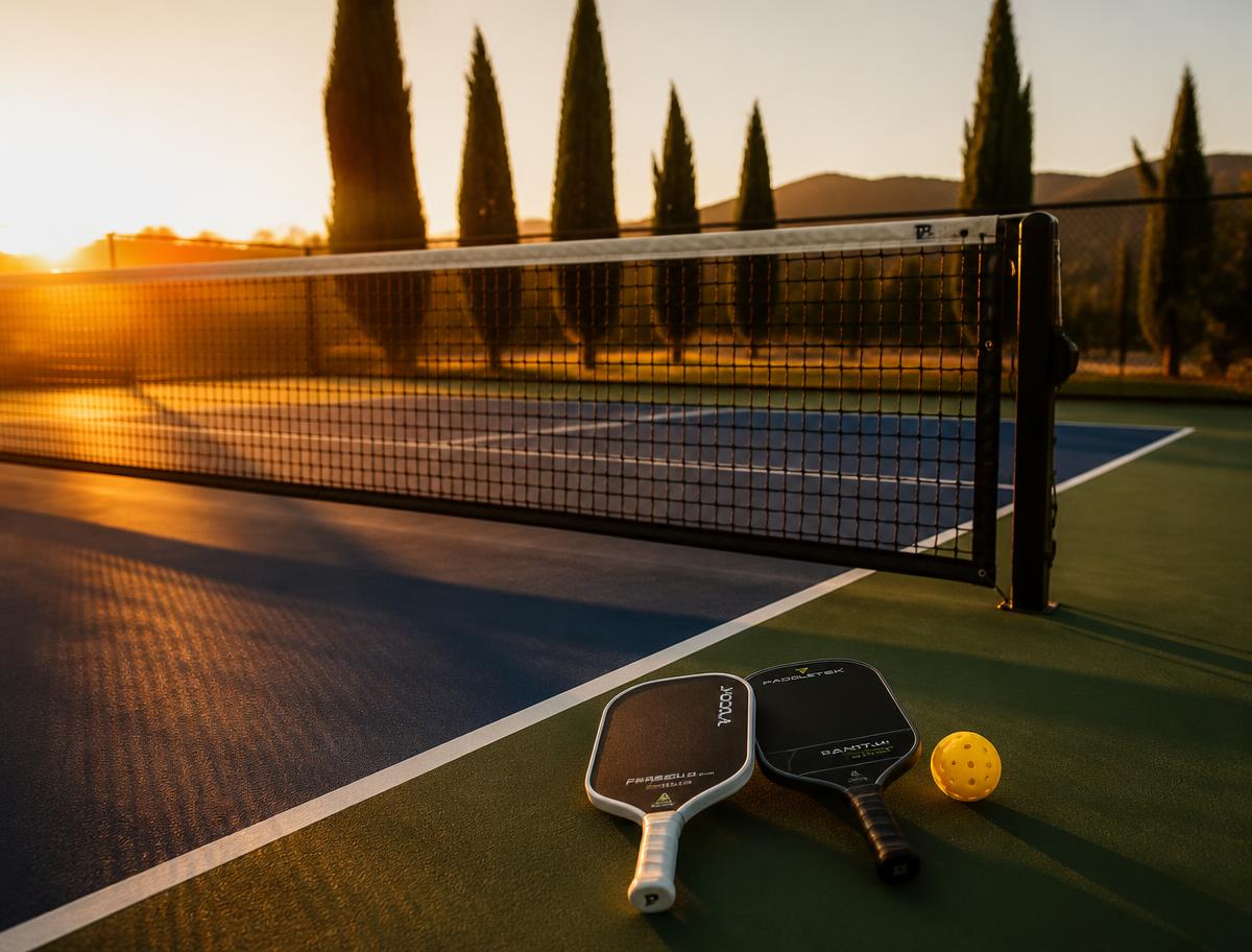 Court de pickleball au coucher du soleil avec deux raquettes et une balle posées près du filet